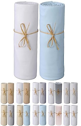 P'tit Basile - 2er Set, Doppelpack Jersey Spannbettlaken Baby, Spannbetttüch 100% Bio-Baumwolle - 70x140 cm Weiß/Blau - Ausziehbar mit elastisch Rundum- MARKENQUALITÄT ÖKOTEX