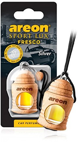 AREON Fresco Auto Parfüm Sport Lux Silber Autoduft Hängend Flasche Glas Duftflakon Parfüm Flakon Holz Lufterfrischer Aufhängen Anhänger Spiegel Schwarz 4ml 3D (Pack x 1 Silver)