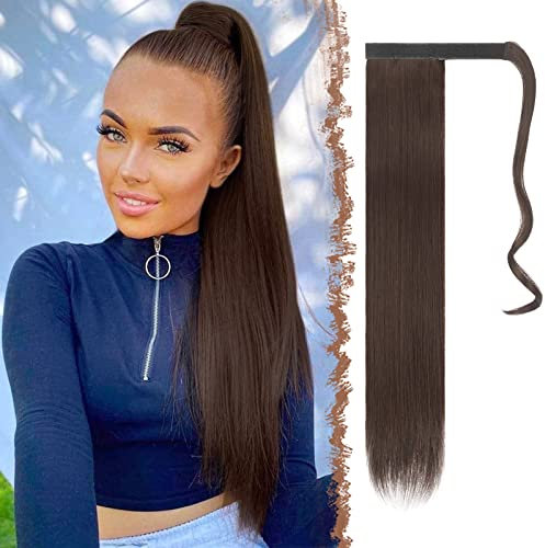 FESHFEN Lang Glattes Pferdeschwanz Haarteil Synthetik Haarverlängerung Zopf Haar Extension für Damen Mädchen, Rötliches Dunkelbraun 70 cm