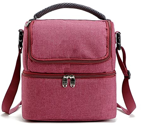 Bolsas Frigoríficas De Dos Pisos Para El Almuerzo Fiambrera Con Aislamiento Organizador Reutilizable Para El Almuerzo Soporte Para El Almuerzo Con Correa Para Hombres, Mujeres Y Niños,Rojo