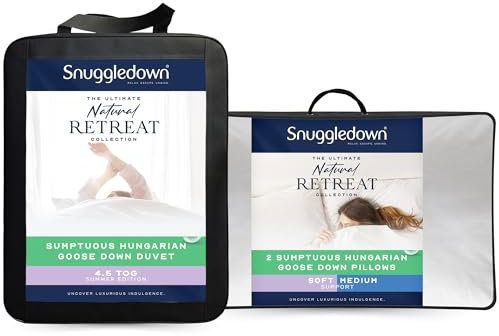 Snuggledown Hungarian Goose Down King Size Duvet - 4.5 Tog Lightweight Cool Summer Quilt for Night Sweats, 2 Soft Support Pillows - Soft Jacquard Cotton Cover, Machine Washable, Size (225cm x 220cm)