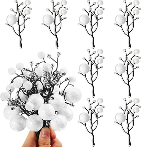12 Pezzi Steli di Bacche Artificiali di Natale Albero di Bacche con Paillettes Glitter Ornamenti Decorativi per Albero di Natale Ghirlanda di Fiori da Sposa Artigianato Fai da Te (Bianco)