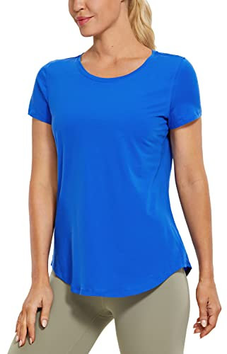 CRZ YOGA Damen Sport T-Shirt Kurzarm Fitness Gym Laufshirt Crewneck Leichte Yoga Oberteile Sommer Top Starkes Blau 44