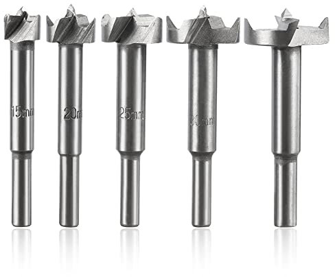 Mesee 5 Pieces Forstner Drill Bit Set, 15-35mm Carbide Forstner Bits Hole Saw Cutter HSS Wood Slabs Flat Wing Boring Drill Bits Round Shank Auger Holes Opener Woodworking Tool
