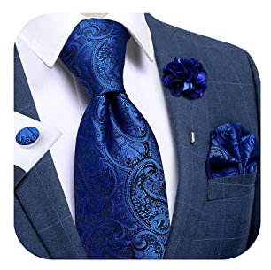 DiBanGu Ensemble de cravate et broche en soie tissée pour homme Boutons de manchette carrés Motif cachemire rayé Cravate solide Mariage Fête formelle, Motif cachemire bleu roi., taille