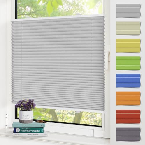 Zarnan Plissee ohne Bohren,Plissee Klemmfix Grau 40x90cm(BxH),Rollos für Fenster mit Pliseehalter ohne Bohren, Faltrollo Sonnenschutz Fenster innen,Klemmrollos easyfix inkl. Klemmträger