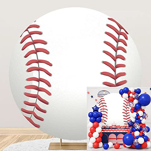 Leyiyi 1,8 x 1,8 m Baseball-Geburtstag, runder Hintergrund, Polyester, Sport für Jungen, Kinder, Party, rot-weiß, Fotografie-Hintergrund, Neugeborene, Geschlecht, offenbart, Kuchen, Tischbanner,