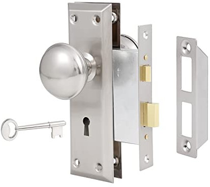newliplace Mortise Lock Set for Interior Door, Vintage Door Knob with Lock and Skeleton Key, Antique Door Knobs Brushed Nickel Finish