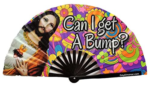 PandaTak Large Funny Folding Handheld Fans: 13-inch Bamboo Rave Fan, Foldable and Perfect for Gay Parties, EDM Festivals and Ravers (Can I Get a Bump Jesus)