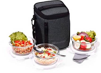 SOPL-OLIVEWARE Grace Glassware Round Lunchbox, Napkin & Steel Spoon, Borosilicate Glass & Microwave Proof, Set of 3 (400ml) - Grey