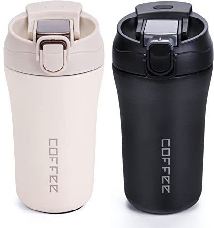 14 oz Travel Coffee Mug, 2 Pack Vacuum Insulated Coffee Travel Mug Spill Proof with Lid and Straw, Stainless Steel Reusable Coffee Tumbler for Hot and Cold Drinks, Gift for Men and Women(Black White)