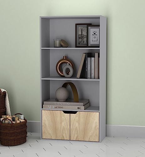 URBNLIVING 4 Tier Wide Grey Wooden Bookcase Cupboard with 2 Doors Storage Shelving Display Shelf Cabinet Unit (Grey With Oak Doors)