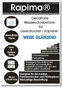 Laser Wasserschiebefolie (WEISS) DIN A4 20 Blatt,Decal Abziehbild - Wasser Deacal Transferfolie,Nassschiebefolie für Spielzeugmodelle,Tassen,Keramik, Glas, Kunststoff,Kerzen