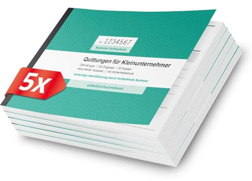 Primus Print Quittungsblock 5x DIN A6 quer & gelocht, 2x50 Blatt mit Durchschlag - ohne Mwst, durchschreibend & fortlaufend nummeriert - Quittungsblock Kleinunternehmer - Rechnungsblock - Quittung