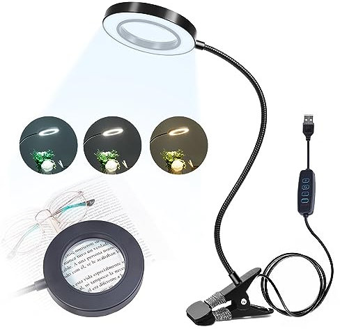 Beyamz - Lampe loupe à pince avec bras col de cygne, lentille en verre 5X, LED à intensité variable 500LM - pour tâches de gros plan et lampes à pince (Noir, Loupe 78 mm)