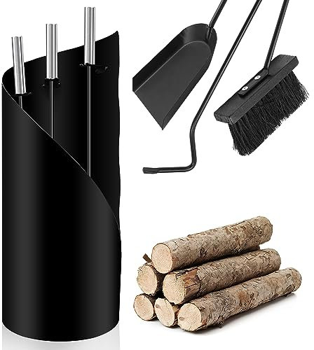 Daromigo Kaminbesteck Set 4 teilig Kaminzubehör mit praktischer Kaminaufbewahrung für Küche Haushalt Wohnen Wohnaccessoires Deko Kaminreinigungsset Kaminwerkzeuge Schwarz