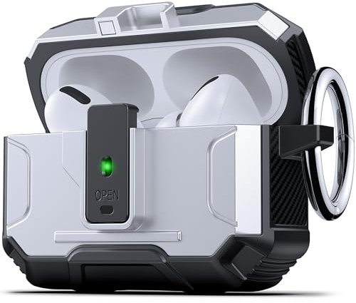 DASFOND Armor Earphone Cover Case for Airpods Pro, 2 in 1 Military Grade Full Body Shockproof Protection Hard Case, Support Wireless Charging with Keychain, Magnetic Lid, Front LED Visible, Silver