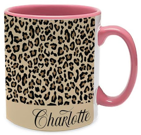 Personalised Cheetah Print Mug Custom Name, Leopard Print, Animal Print, Inside Coloured Coffee, Tea Mug. (Pink)