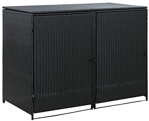 Mülltonnenbox für 2 Tonnen Poly Rattan Schwarz 148x80x111 cm, LAPOOH Mülltonnenverkleidung, Gartenbox, Gartenschrank, Geräteschrank, Mülltonnenschrank - 43887