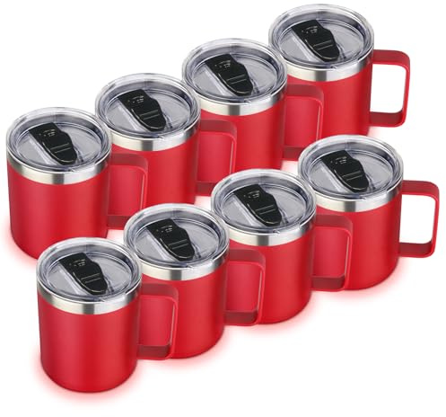 Volhoply 14oz Insulated Stainless Steel Coffee Mug with Lid Bulk 8 Pack,Double Wall Vacuum Travel Coffe Cup with Handle,Reusable Metal Tumbler,Camping Mugs Keep Hot,Christmas Gifts(Red,8)