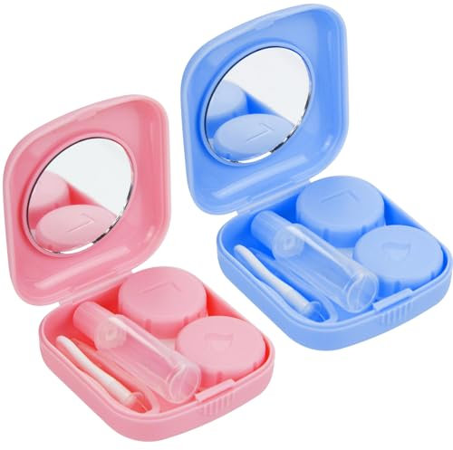 Custodia per Lenti a Contatto, Custodia Lenti a Contatto con Specchio, Porta Lenti a Contatto da Viaggio, Portalenti per Lenti a Contatto Igienica Portatile per Viaggi a Casa All'aperto (Rosa+Blu)