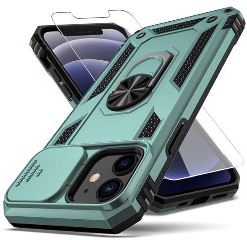 YZOK for iPhone 12 Case,with Camera Lens Cover HD Screen Protector,[Military Grade] Ring Car Mount Kickstand Hybrid Hard PC Soft TPU Shockproof Protective Case for iPhone 12, Green