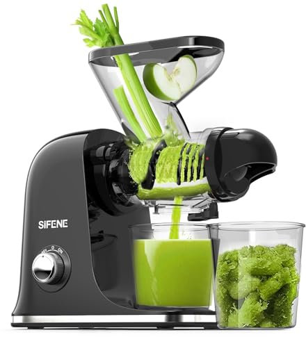 SiFENE - Máquina exprimidora de prensa en frío, exprimidor compacto de masticaje lento, exprimidor de jugo de verduras y frutas, fácil de limpiar, sin BPA (negro)