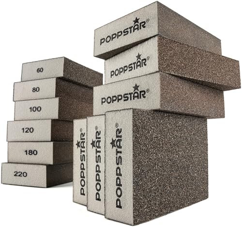 Poppstar 12x Spugna abrasiva 100 x 70 x 25 mm (grana 2x 60/80/100/120/180/220, lavabile) per legno, metallo e plastica