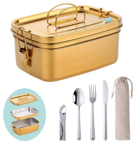 TUPMFG Doppelschicht Lunchbox Edelstahl 18/10 Brotdose aus Metall Auslaufsicher und Luftloch 2 Groß 1500ml