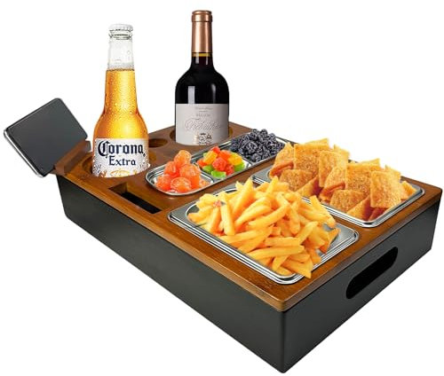 Gigtoop Couch Bar Holz, Couchbutler mit Snackschalen aus Lebensmittelechtem Edelstahl,Couchbar Snackbox Weinglashalter, Rechteckig, Couch Butler mit Edelstahl-Snackschalen