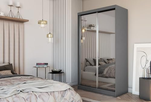 AGMAT-FURNITURE Schwebetürenschrank Bora, Kleiderschrank mit 2 Türen, Moderne Garderobe in Farbe: Graphit, Schrank in Größe: 120 x 216 x 61 cm