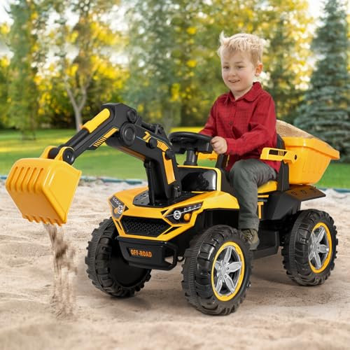 Kinder Bagger,Sitzbagger mit Lenkbarer Schaufel & Hupe, Rutschauto, 2,4 Ghz Fernbedienung & LED-Licht & Musik & USB, 12V Elektrofahrzeuge für Kinder ab 3 Jahre (Gelb)