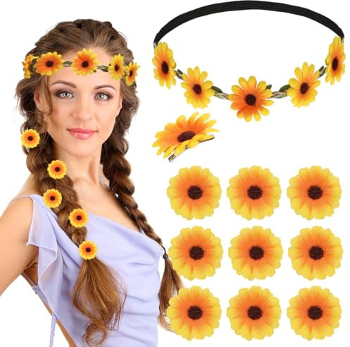Sonnenblumen Haarband,Blumen Stirnband mit 10 Haarspangen,Sonnenblumen Haarschmuck set,Sonnenblumen haarreif für Damen Karneval, Braut, Urlaub am Meer,Hochzeit,Party