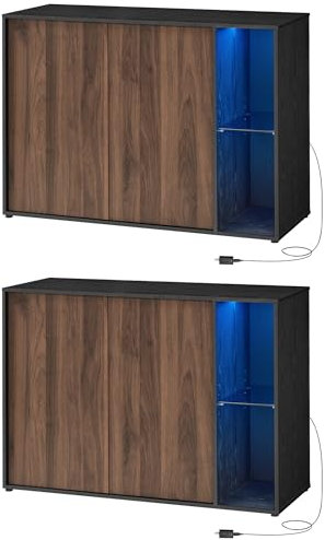 SONGMICS HOME Superschnelle werkzeuglose Montage, Sideboard mit Beleuchtung, 2er Set Aufbewahrungsschrank, TV-Schrank, Glasablage, Toolless-Technologie, naturwalnussfarben-ebenholzschwarz BBK792B01