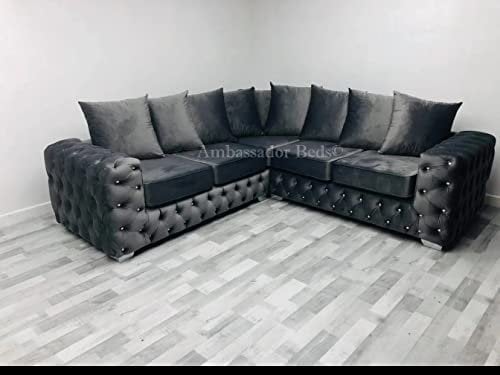 Ashley Chesterfield-Sofa aus Samt, luxuriös, modern, Plüsch, 3-Sitzer-Ecksofas für Wohnzimmer, stahlgrau