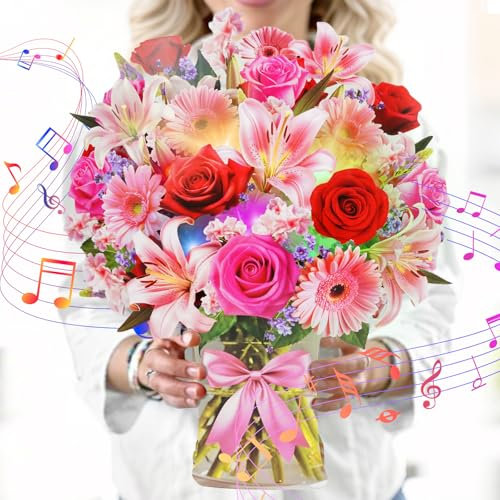 APOTODITO 3D Pop-Up Blumenstrauß mit Muisk, Geburtstagskarte, Jubiläumskarte, Valentinstagskarte, Muttertagskarte für Frauen, Mama und Ehefrauen