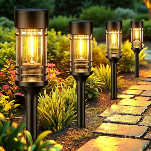 GEARLITE Solar Lights Outdoor Garden 4 Pack, Solar Powered Garden Lights with 2800K Tungsten Bulb, Auto On/Off Waterproof Outdoor Light for Pathway, Patio, and Yard