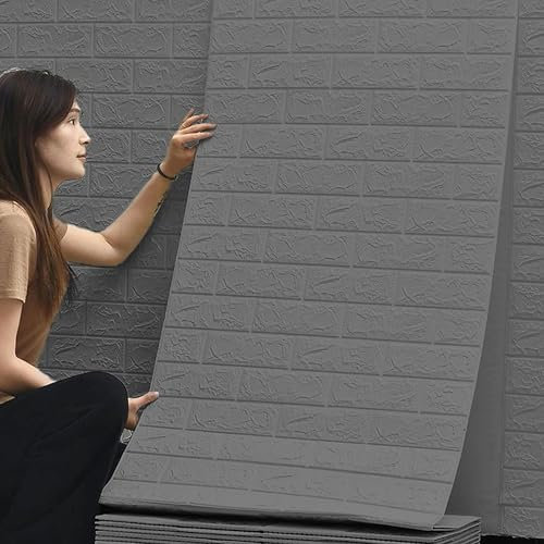 Paneles de Pared 3D Autoadhesivos 70 cm x 10 M - Papel Pintado Efecto Piedra Ladrillo Impermeable Adhesivo Pared Ladrillo Papel Pintado Pared para Cocina Dormitorio Salón Fondo Decoración TV (Gris, 10