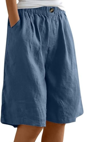 Women's Summer Cotton Linen Shorts Loose Fit Elastic Waist Knee Length Cosy Solid Color Casual Beach Pants with Pockets Womens Cargo Short Trousers Black Ladies Size 12 Leggings for Women UK