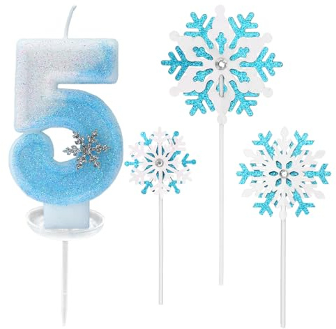 Bougie Anniversaire Chiffre, Bougie 5 An Fille, Bleu et Blanc, Bougies en Forme de Flocon de Neige pour Gâteau Fille, Décorations de Gâteau d'Anniversaire sur le Thème de Neiges