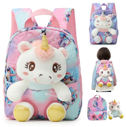 Cyiecw 2 in 1 Kinderrucksack mit Kuscheltier 25cm, Plüschspielzeug Einhorn Rucksack Mädchen, Kindergartenrucksack mit Verstellbare Gurte, für Hort Kindergarten Kinder 2 3 4 5 Jahren (Rosa)