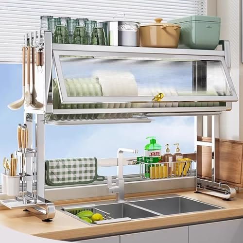 Escurridor de platos de acero inoxidable con cesta colgante, grande, plegable, para ahorrar espacio, diseño duradero y elegante