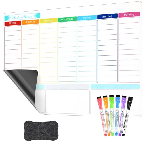 SONNELD Wochenplaner Abwischbarfür Kühlschrank Whiteboard Wochenplaner Familie mit 6 Stift Wiederverwendbarer Essensplaner Wochenplaner Magnetisch ideal als Familienplaner Magnettafel Kühlschrank