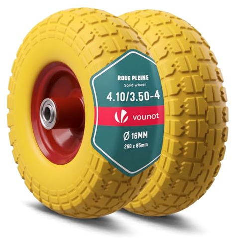 VOUNOT® Set of 2 Puncture-Proof 3.5-4 PU Wheelbarrow Wheel 260x85mm, 16mm Bore, with Needle Bearings for Hand Trucks, Carts, and Garden Trailers, Yellow