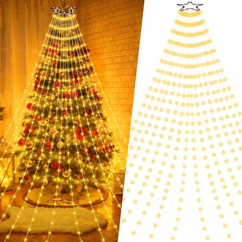 Luci Albero di Natale Interno Esterno 400 LED 2,5 Metri 16 Fili, Lucine Luci Albero di Natale a Cascata LED IP44 Impermeabile, Illuminazione Catena Luminosa Esterno Natalizia 8 Modalità, Bianco Caldo