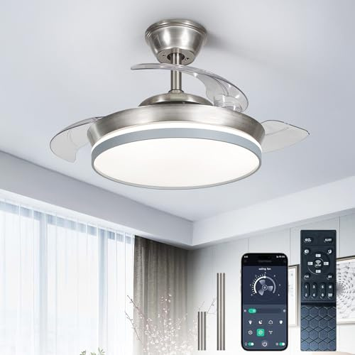 Depuley Ventilador de techo retráctil de 36 pulgadas: Ventiladores de techo silenciosos e inteligentes con luces y mando a distancia - Ventilador regulable reversible en níquel y gris para dormitorio
