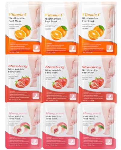 IKOPFLN 9 Paires de Peeling Pied,Contient Niacinamide Masque Pieds,Pour Secs et Gercés, Soin Doux, Nettoyage en Profondeur(Pêche + Orange+ Fraise)