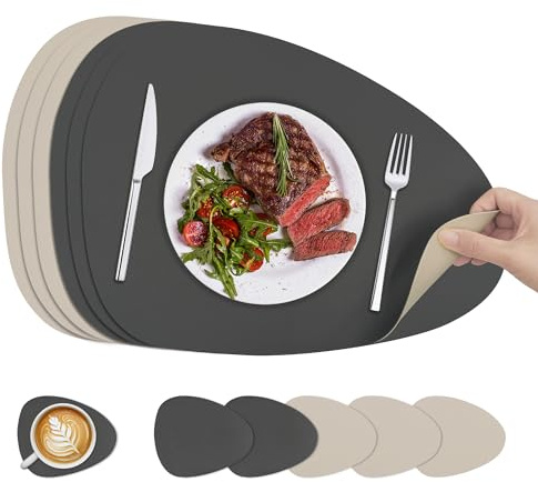 KitchenBoss Tischsets Abwaschbar Platzsets und Untersetzer：6 Set Platzdeckchen Abwaschbar Doppelseitigen Für den Einsatz in Küchen, Esszimmern und Büros，Anthrazitgrau + Beige, 40x30cm