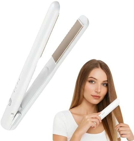 Mini Cordless Hair Straightener & Curling Wand - Rechargeable Travel Straightenerwith 4 Temp Settings & Fast Heating, Travel Flat Iron Straighteners Portable for Short to Long Hair (White)