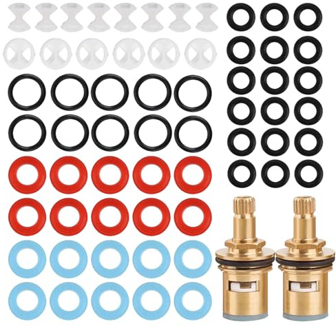2 Pcs Universal Tap Cartridge Replacement with 120 Pcs Tap Washers,Brass T-ap Cartridge Faucet Repair Parts Kit-Multi Size Silicone O Rings&Leak Proof Gaskets for Kitchen and Bathroom Faucet Repair